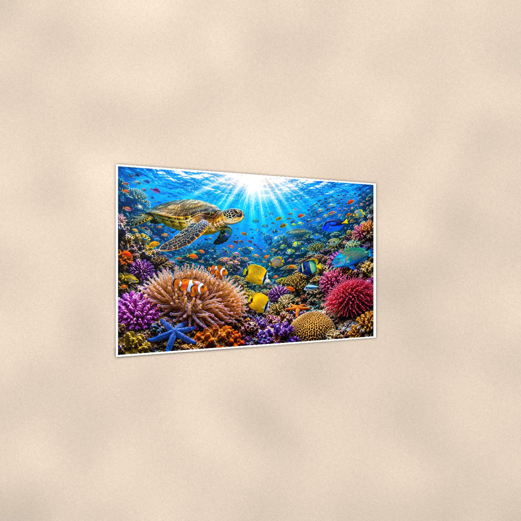 Coral Reef Study — 36x24 in art print poster, premium luster paper with a white border; gentle three-quarter angle on a warm wall, showing the flat paper edge.