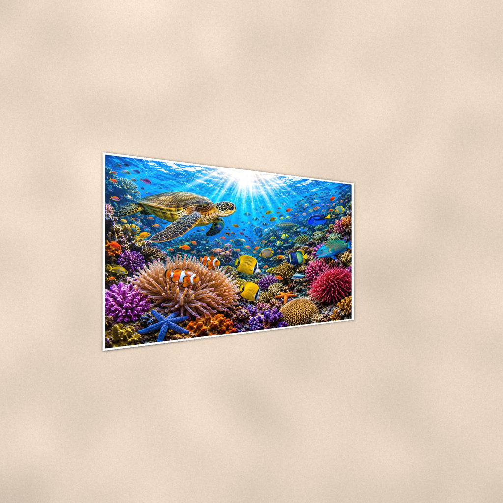 Coral Reef Study — 36x24 in art print poster, premium luster paper with a white border; steeper three-quarter angle on a warm wall, catching the luster sheen.