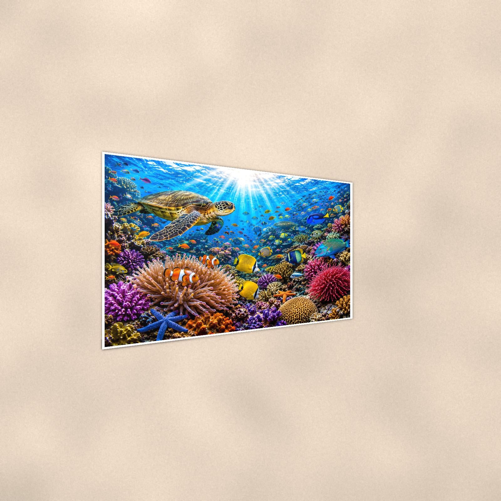 Coral Reef Study — 36x24 in art print poster, premium luster paper with a white border; steeper three-quarter angle on a warm wall, catching the luster sheen.