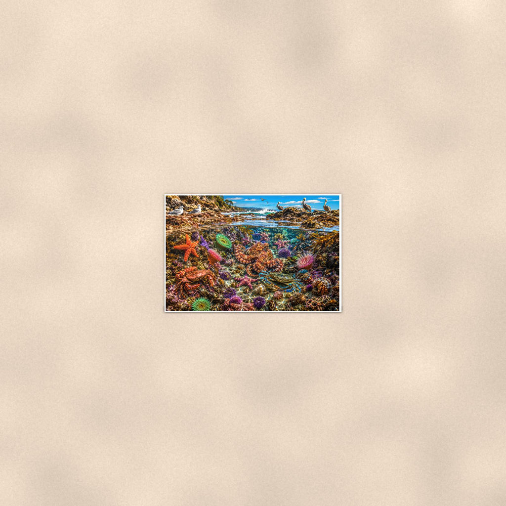 Coral Reef Scene — 36x24 in art print poster, premium luster paper with a white border; poster seen from further back, at true 24x36 in scale on a warm wall.