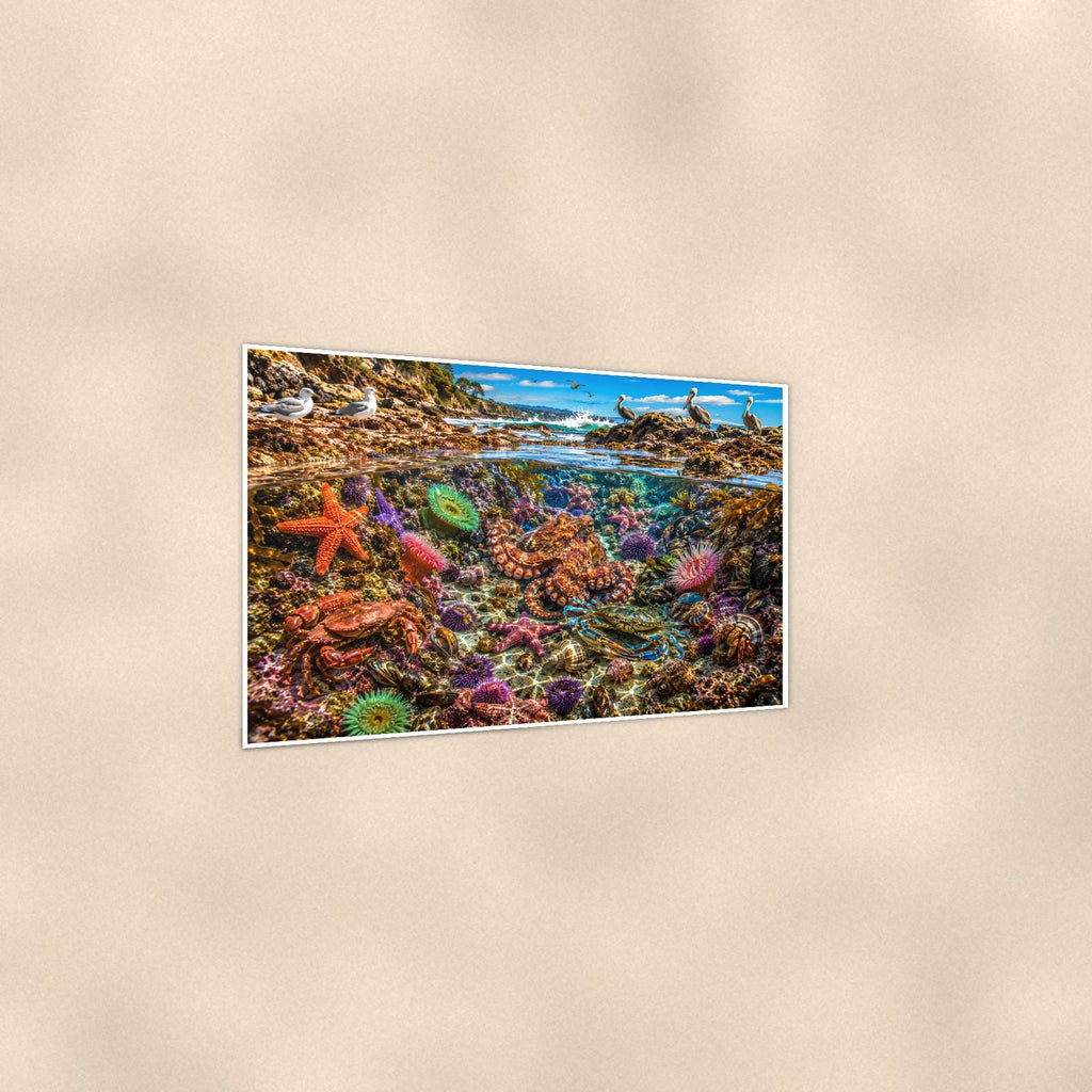 Coral Reef Scene — 36x24 in art print poster, premium luster paper with a white border; gentle three-quarter angle on a warm wall, showing the flat paper edge.