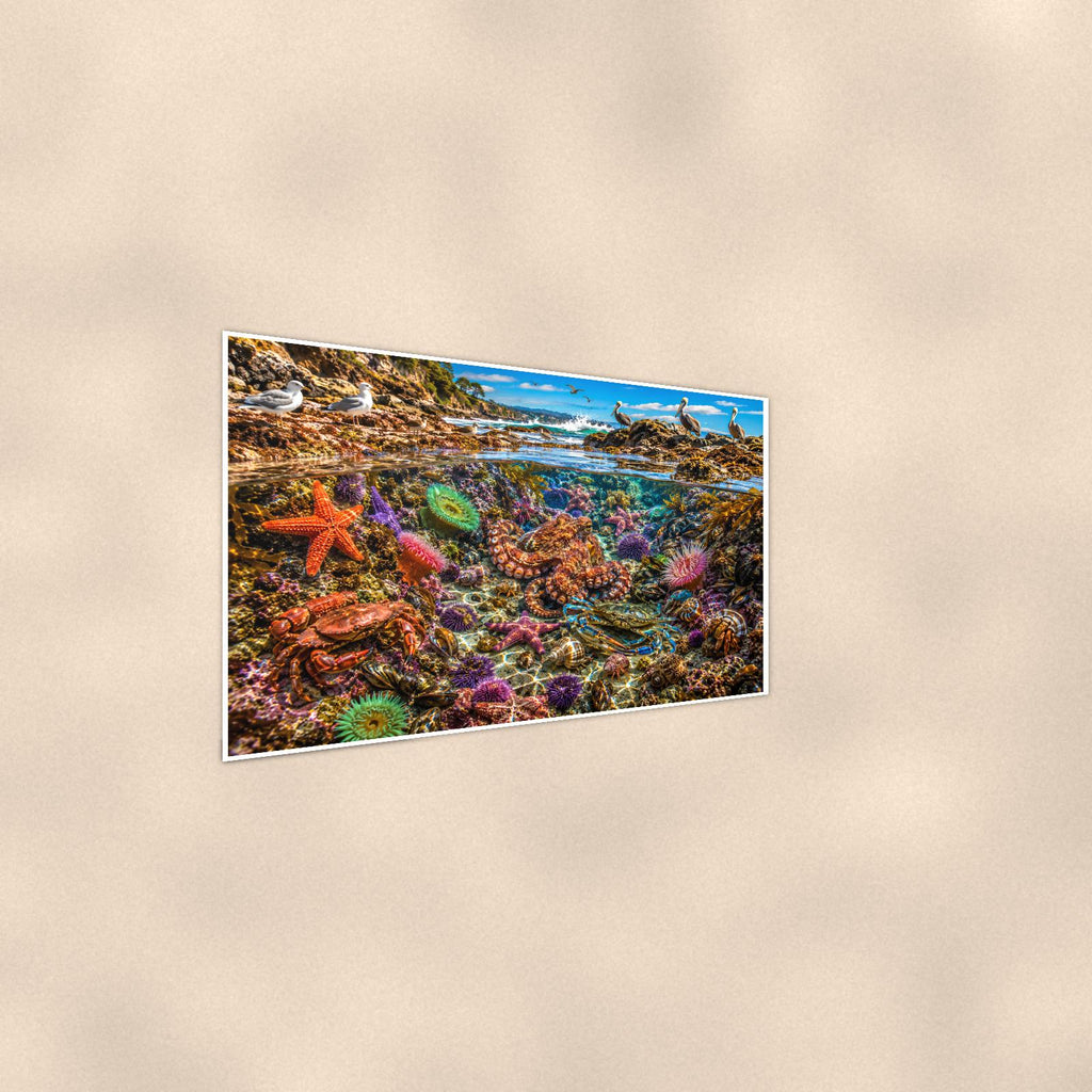 Coral Reef Scene — 36x24 in art print poster, premium luster paper with a white border; steeper three-quarter angle on a warm wall, catching the luster sheen.
