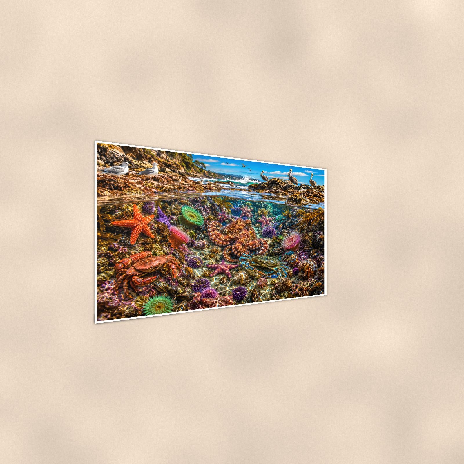 Coral Reef Scene — 36x24 in art print poster, premium luster paper with a white border; steeper three-quarter angle on a warm wall, catching the luster sheen.