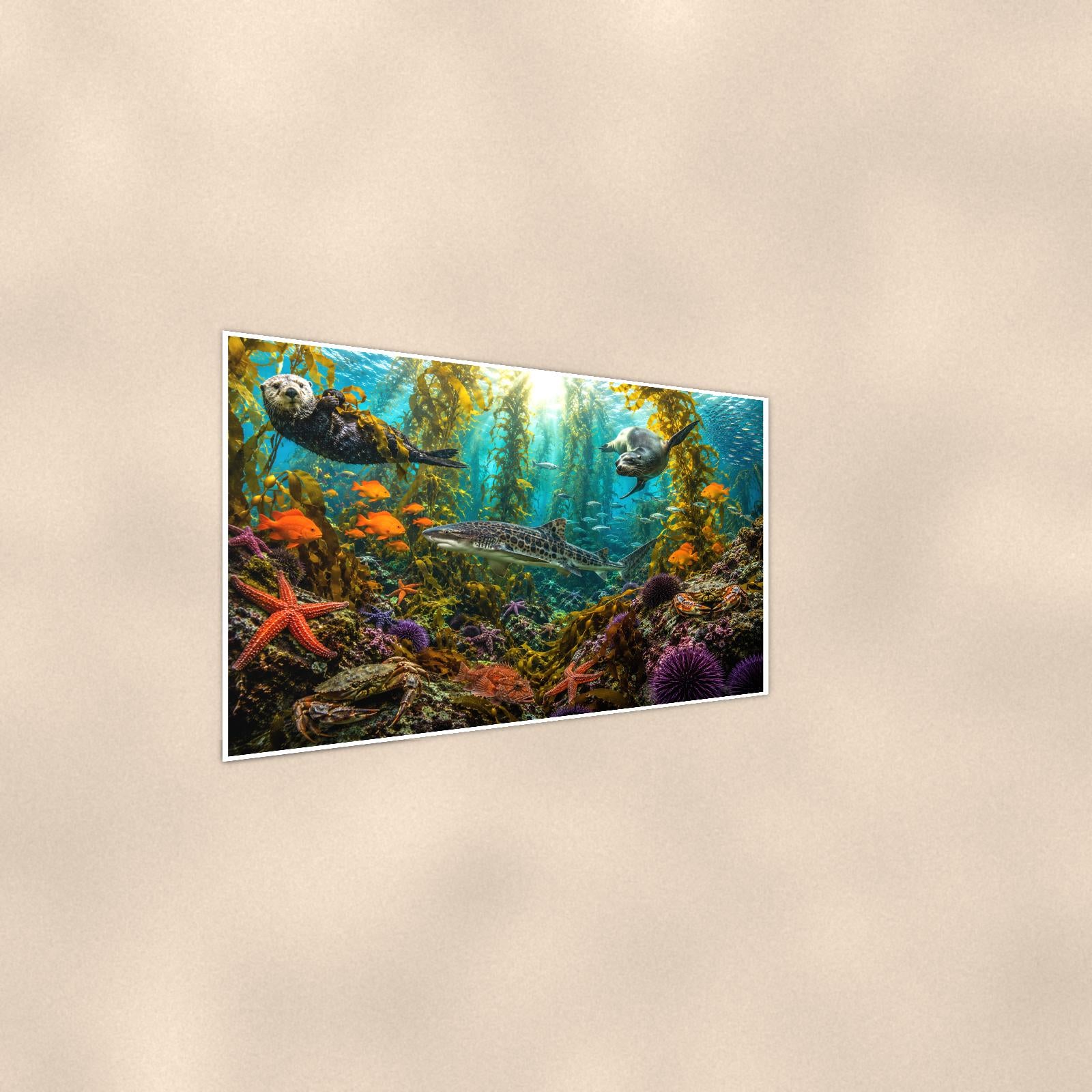 Mangrove Reef — 36x24 in art print poster, premium luster paper with a white border; steeper three-quarter angle on a warm wall, catching the luster sheen.