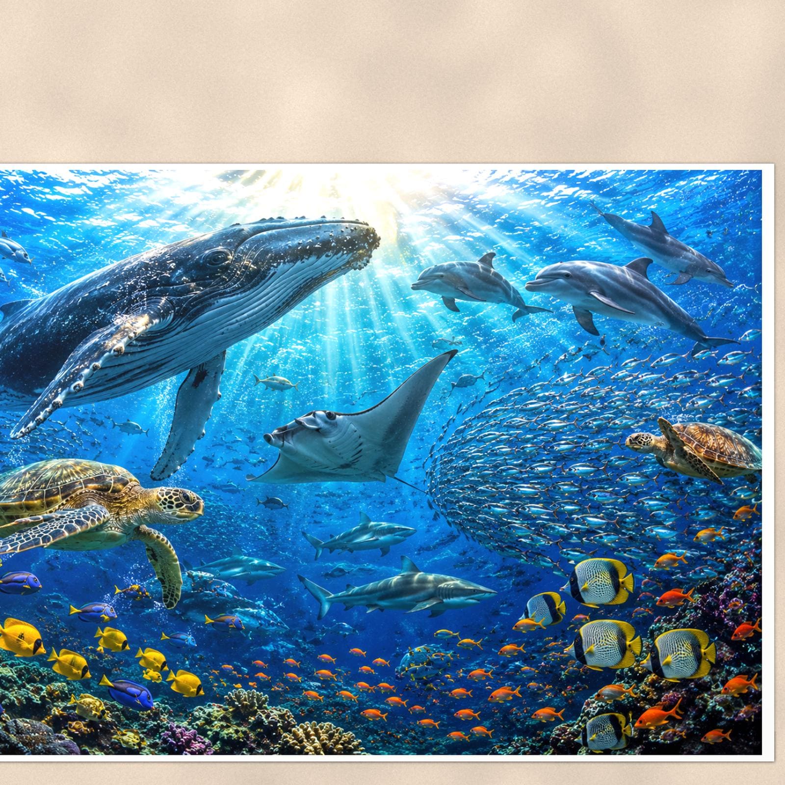 Dolphin Reef Scene — 36x24 in art print poster, premium luster paper with a white border; close-up framed on the main subject of the artwork, paper surface visible.