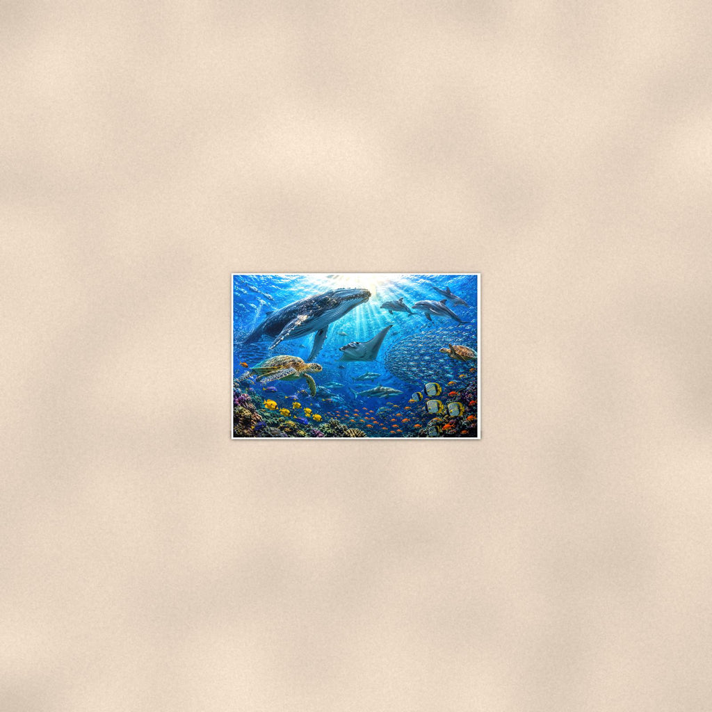 Dolphin Reef Scene — 36x24 in art print poster, premium luster paper with a white border; poster seen from further back, at true 24x36 in scale on a warm wall.