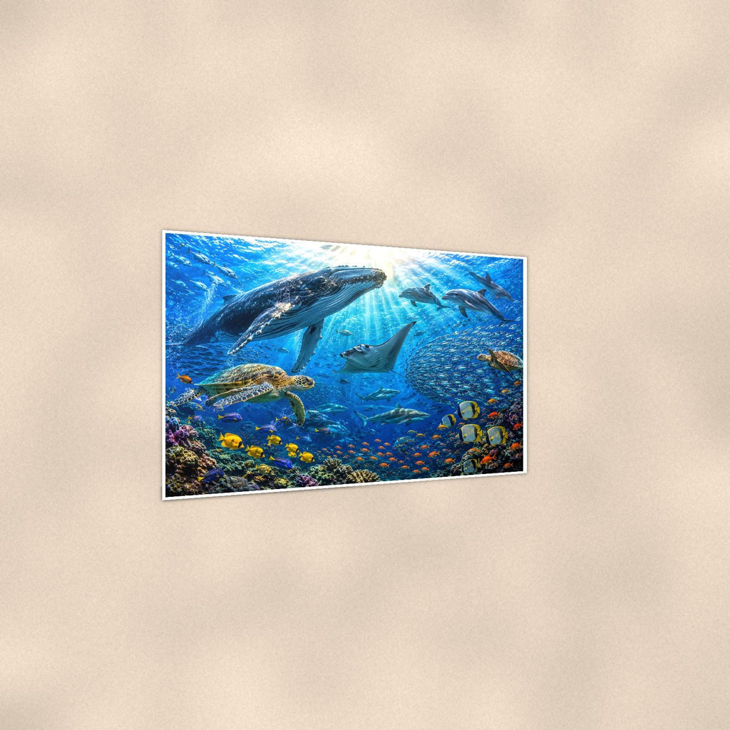 Dolphin Reef Scene — 36x24 in art print poster, premium luster paper with a white border; gentle three-quarter angle on a warm wall, showing the flat paper edge.