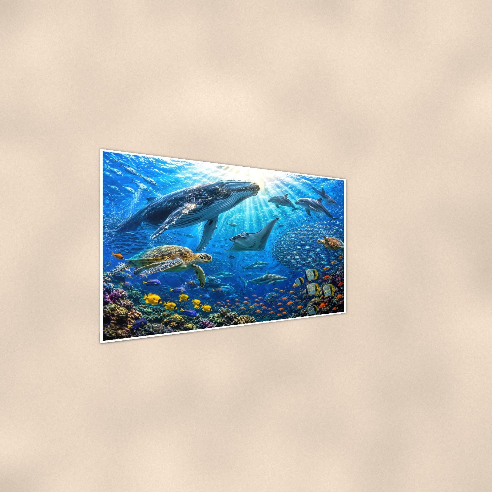 Dolphin Reef Scene — 36x24 in art print poster, premium luster paper with a white border; steeper three-quarter angle on a warm wall, catching the luster sheen.