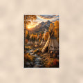 Mountain Teepee Camp — 24x36 in art print poster, premium luster paper with a white border; poster shown straight on against a warm wall.