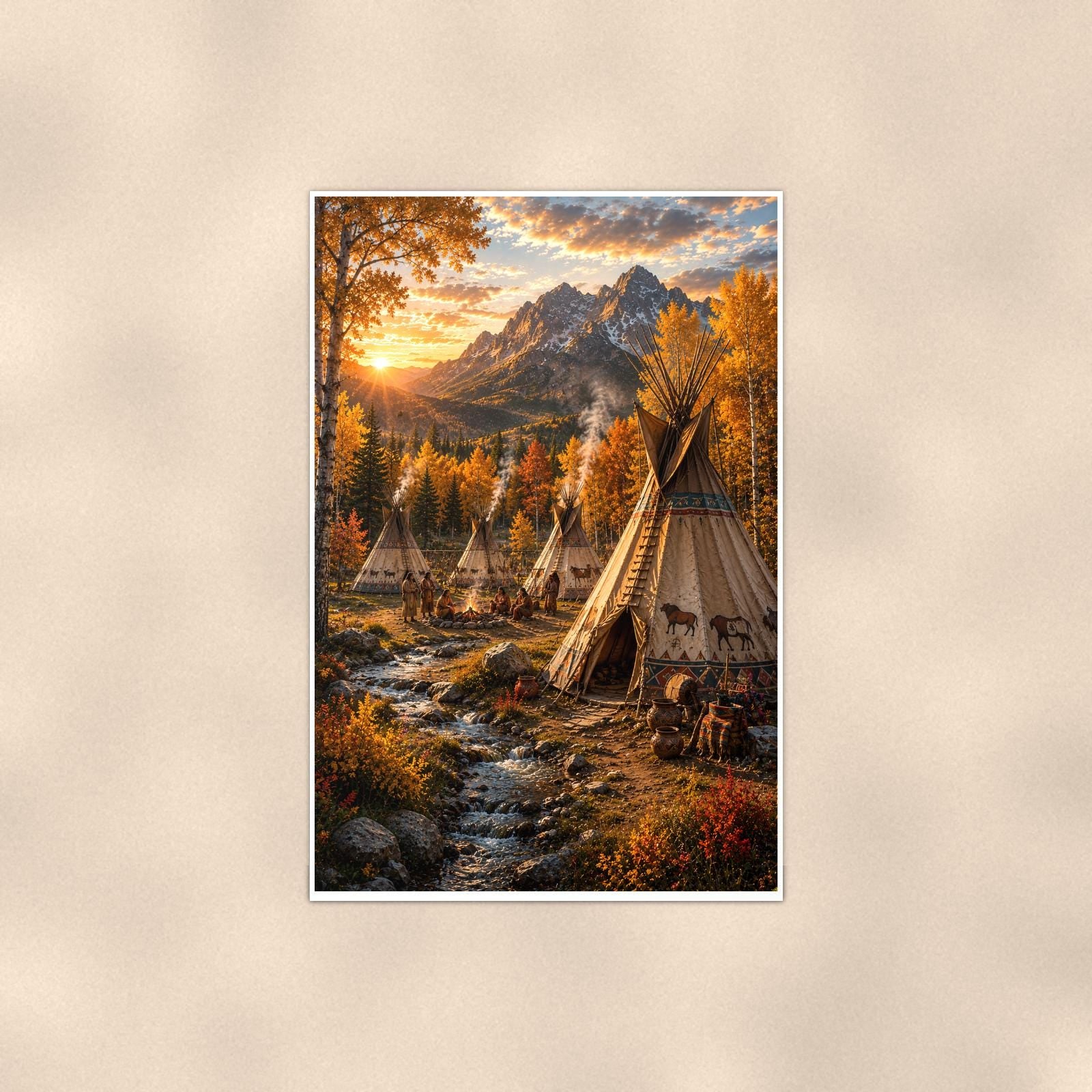 Mountain Teepee Camp — 24x36 in art print poster, premium luster paper with a white border; poster shown straight on against a warm wall.