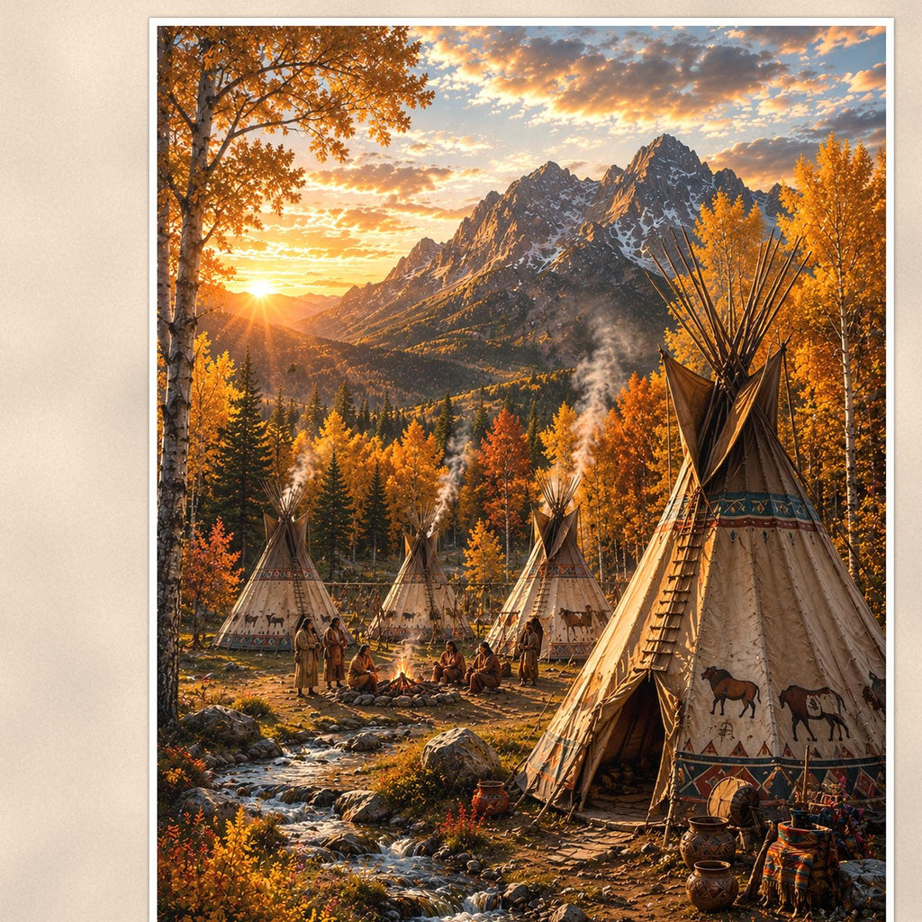 Mountain Teepee Camp — 24x36 in art print poster, premium luster paper with a white border; close-up framed on the main subject of the artwork, paper surface visible.