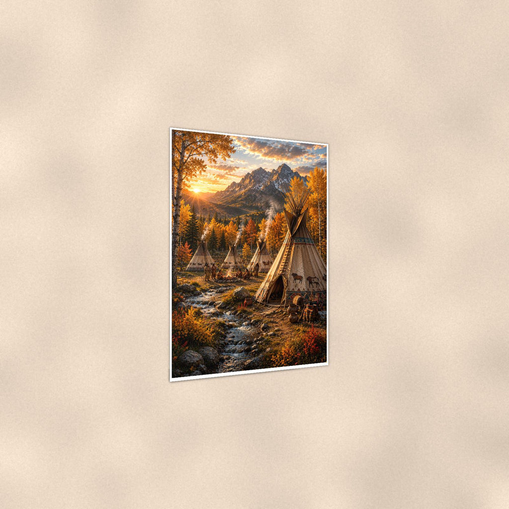 Mountain Teepee Camp — 24x36 in art print poster, premium luster paper with a white border; gentle three-quarter angle on a warm wall, showing the flat paper edge.