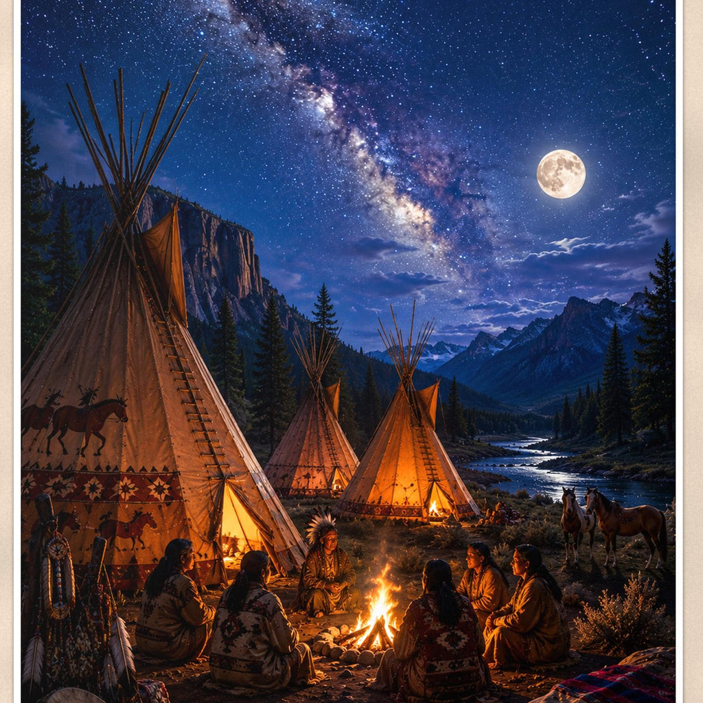 Starry Teepee Camp — 24x36 in art print poster, premium luster paper with a white border; close-up framed on the main subject of the artwork, paper surface visible.