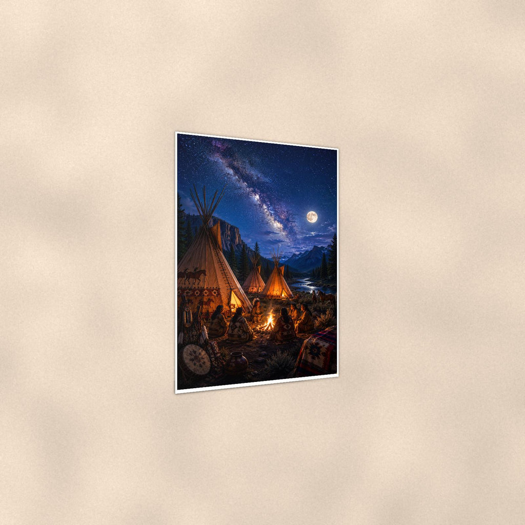 Starry Teepee Camp — 24x36 in art print poster, premium luster paper with a white border; gentle three-quarter angle on a warm wall, showing the flat paper edge.