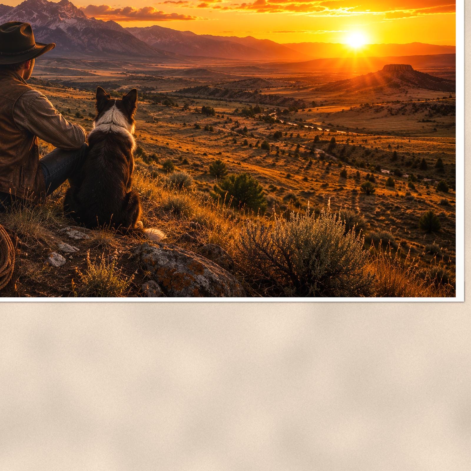 Prairie Outlook — 36x24 in art print poster, premium luster paper with a white border; close-up framed on the main subject of the artwork, paper surface visible.