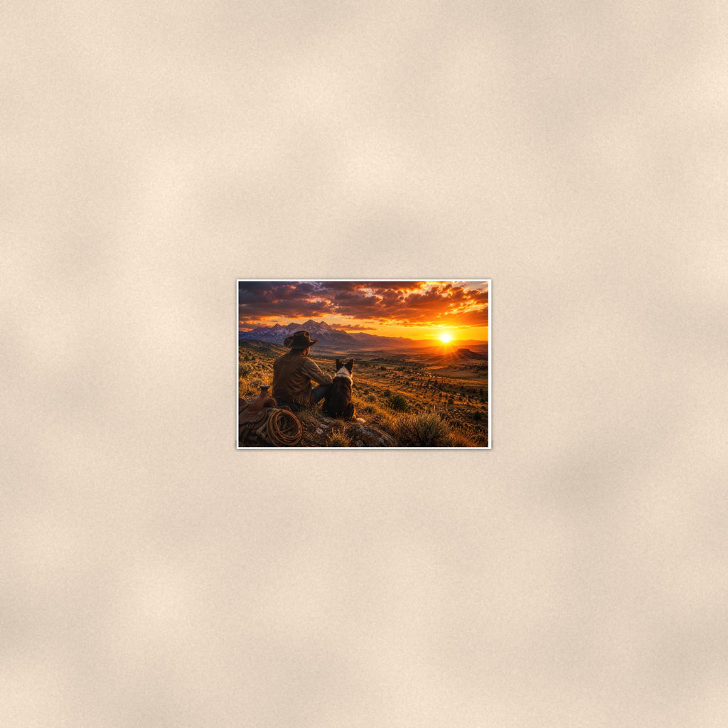 Prairie Outlook — 36x24 in art print poster, premium luster paper with a white border; poster seen from further back, at true 24x36 in scale on a warm wall.