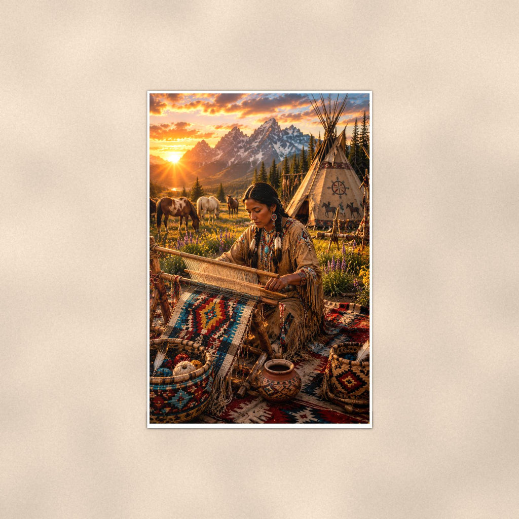 Native Weaving Scene — 24x36 in art print poster, premium luster paper with a white border; poster shown straight on against a warm wall.