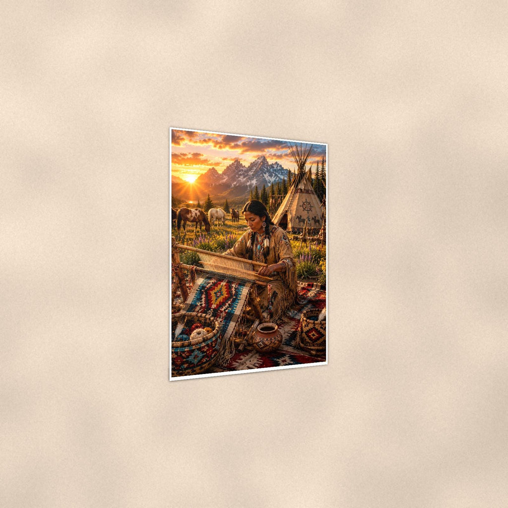 Native Weaving Scene — 24x36 in art print poster, premium luster paper with a white border; gentle three-quarter angle on a warm wall, showing the flat paper edge.