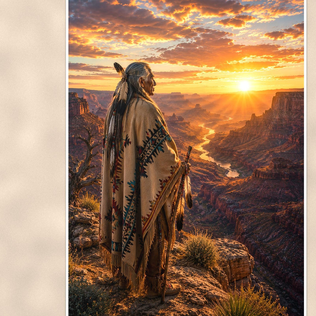 Native Canyon Overlook — 24x36 in art print poster, premium luster paper with a white border; close-up framed on the main subject of the artwork, paper surface visible.