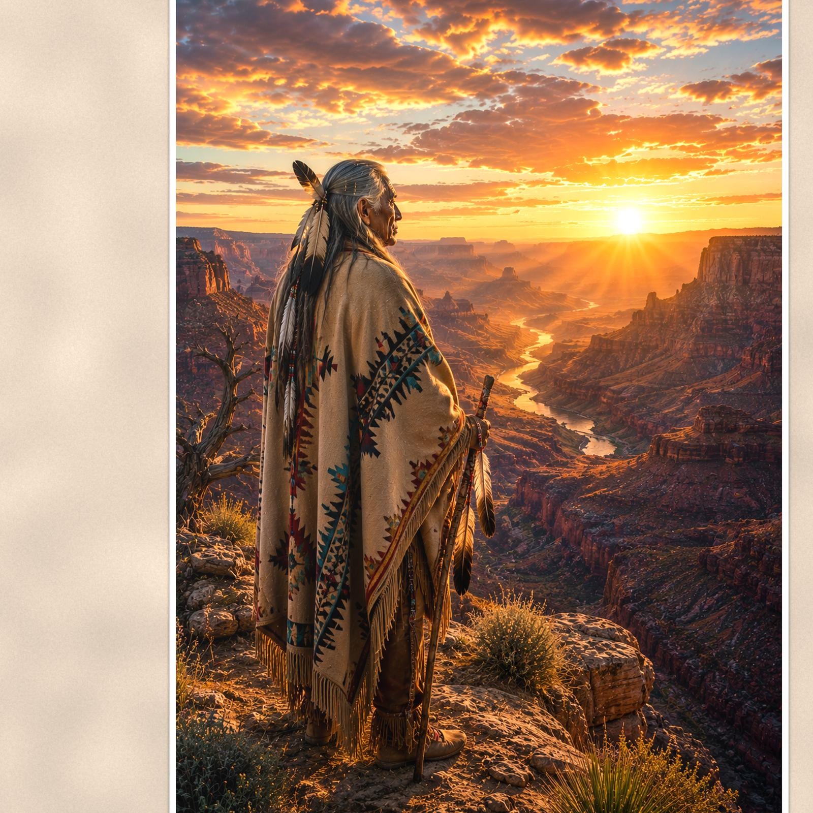 Native Canyon Overlook — 24x36 in art print poster, premium luster paper with a white border; close-up framed on the main subject of the artwork, paper surface visible.