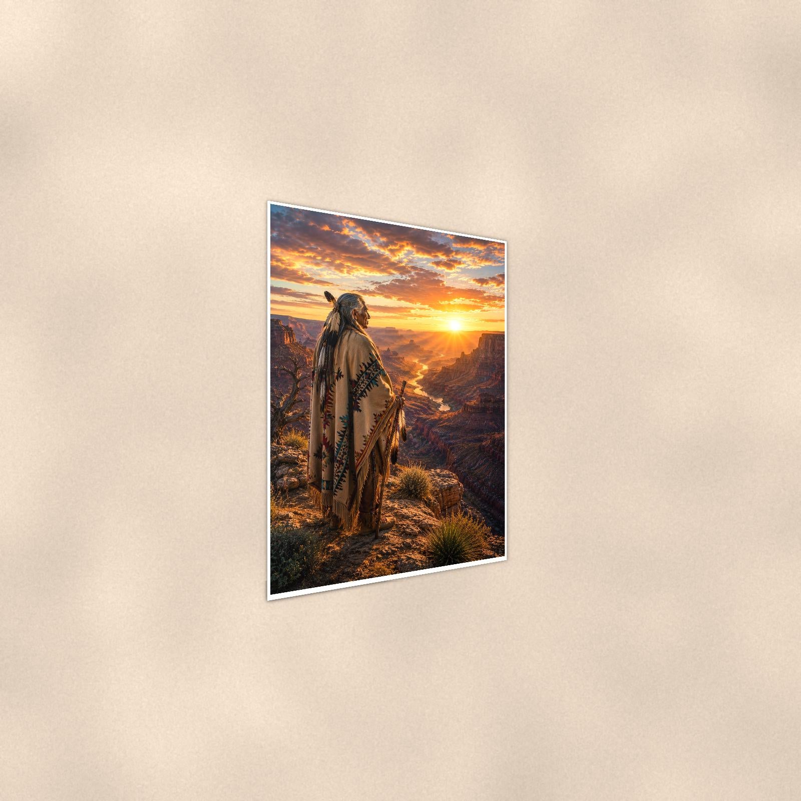 Native Canyon Overlook — 24x36 in art print poster, premium luster paper with a white border; steeper three-quarter angle on a warm wall, catching the luster sheen.