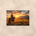 Prairie Rider Sunset — 36x24 in art print poster, premium luster paper with a white border; poster shown straight on against a warm wall.