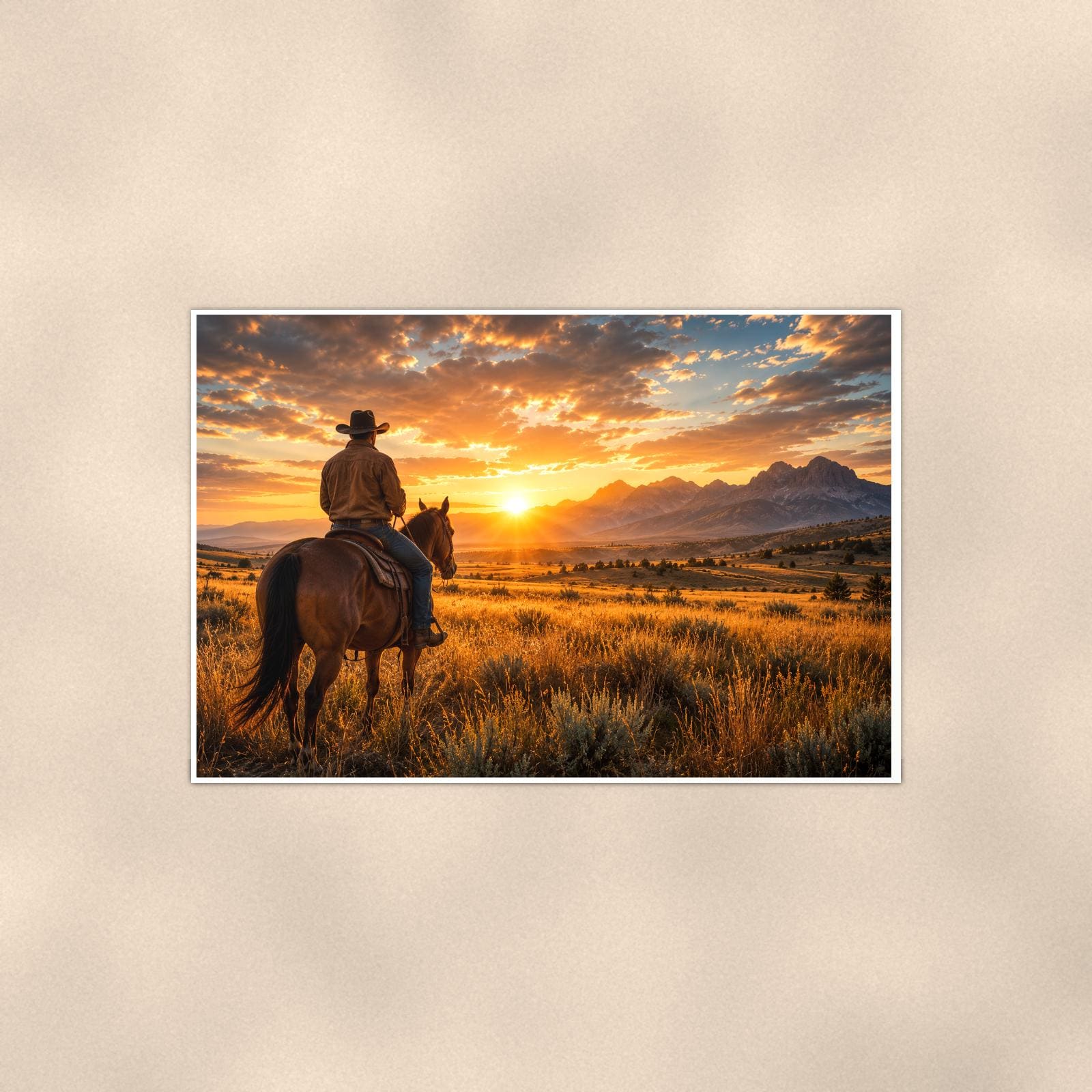 Prairie Rider Sunset — 36x24 in art print poster, premium luster paper with a white border; poster shown straight on against a warm wall.