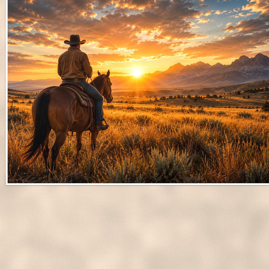 Prairie Rider Sunset — 36x24 in art print poster, premium luster paper with a white border; close-up framed on the main subject of the artwork, paper surface visible.