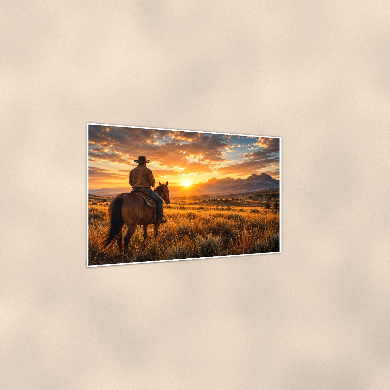 Prairie Rider Sunset — 36x24 in art print poster, premium luster paper with a white border; gentle three-quarter angle on a warm wall, showing the flat paper edge.