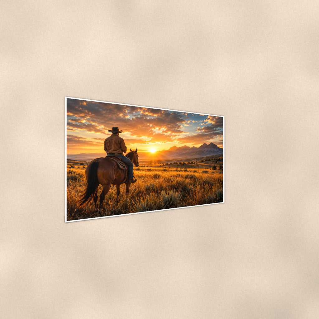 Prairie Rider Sunset — 36x24 in art print poster, premium luster paper with a white border; steeper three-quarter angle on a warm wall, catching the luster sheen.