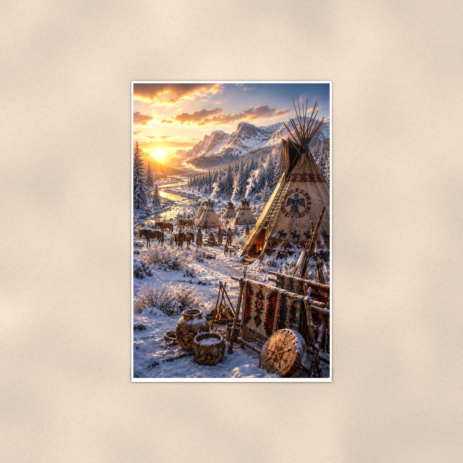 Snowy Teepee Camp — 24x36 in art print poster, premium luster paper with a white border; poster shown straight on against a warm wall.
