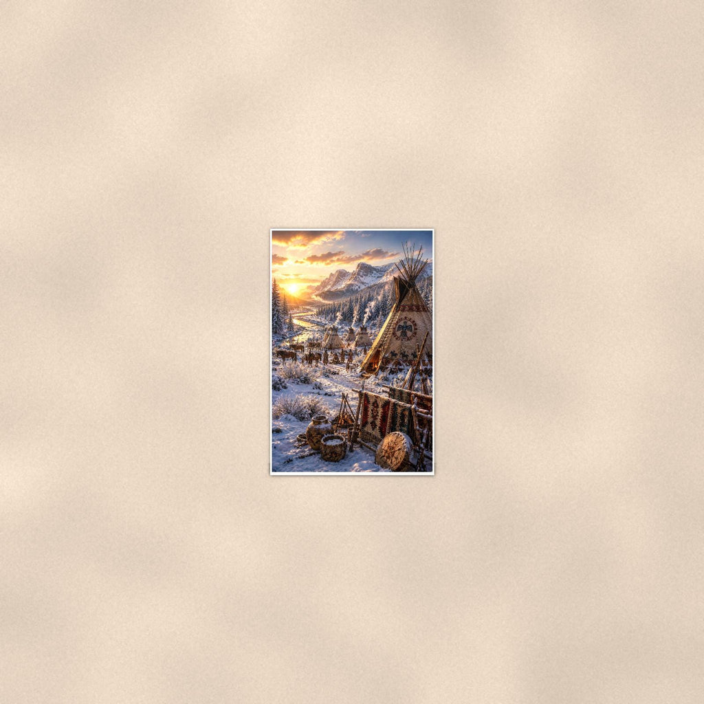 Snowy Teepee Camp — 24x36 in art print poster, premium luster paper with a white border; poster seen from further back, at true 24x36 in scale on a warm wall.