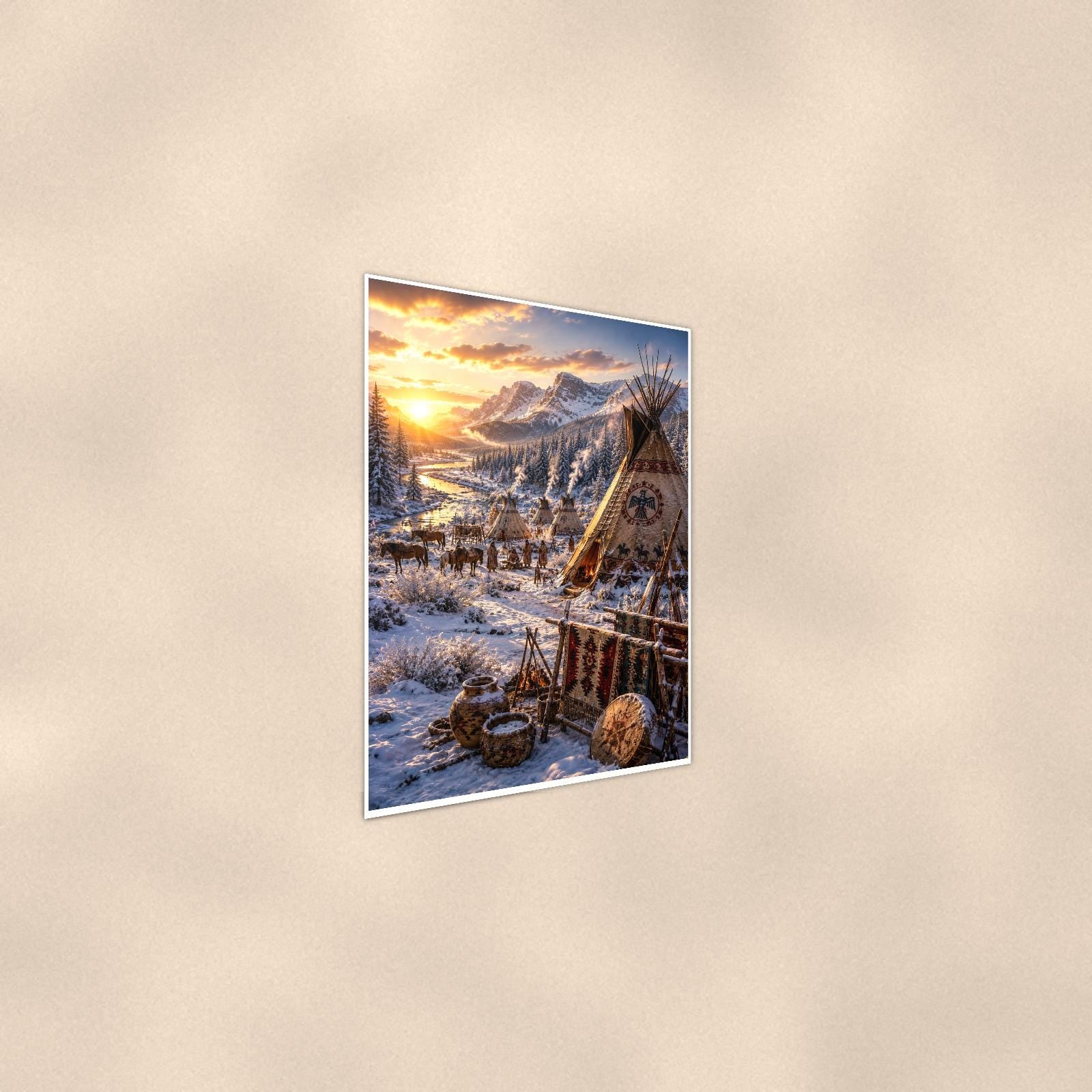 Snowy Teepee Camp — 24x36 in art print poster, premium luster paper with a white border; steeper three-quarter angle on a warm wall, catching the luster sheen.