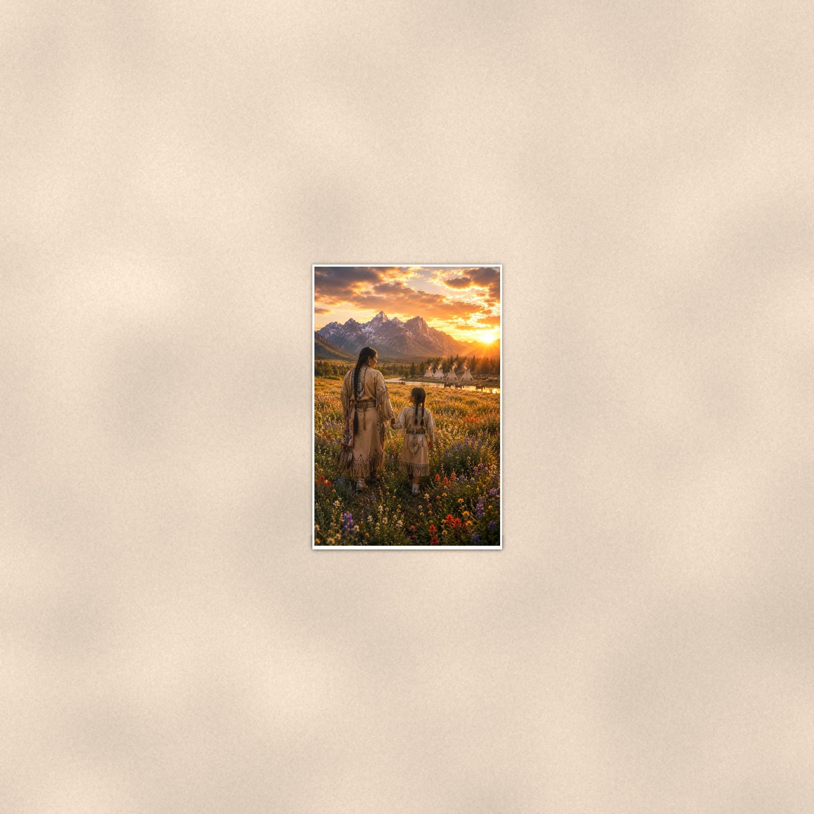 Native Family Prairie — 24x36 in art print poster, premium luster paper with a white border; poster seen from further back, at true 24x36 in scale on a warm wall.