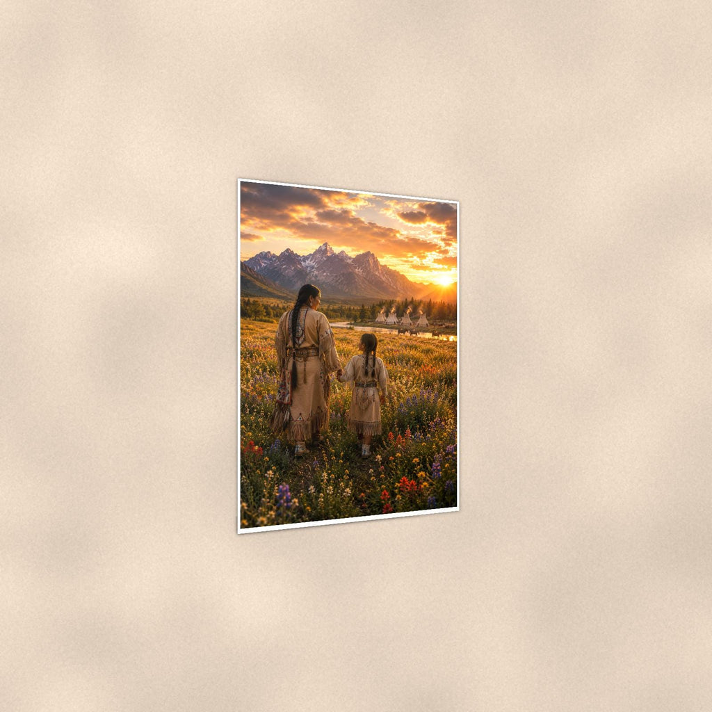 Native Family Prairie — 24x36 in art print poster, premium luster paper with a white border; gentle three-quarter angle on a warm wall, showing the flat paper edge.