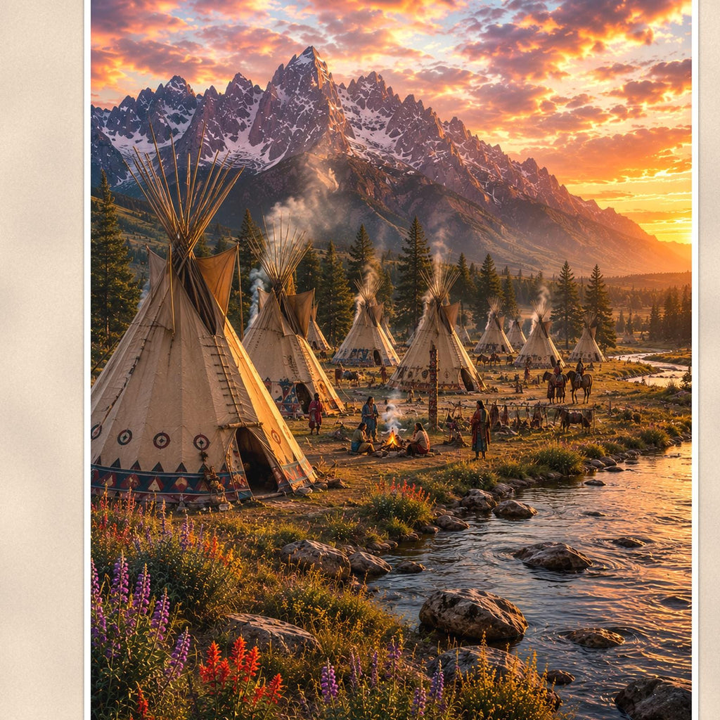 Mountain Teepee Village — 24x36 in art print poster, premium luster paper with a white border; close-up framed on the main subject of the artwork, paper surface visible.