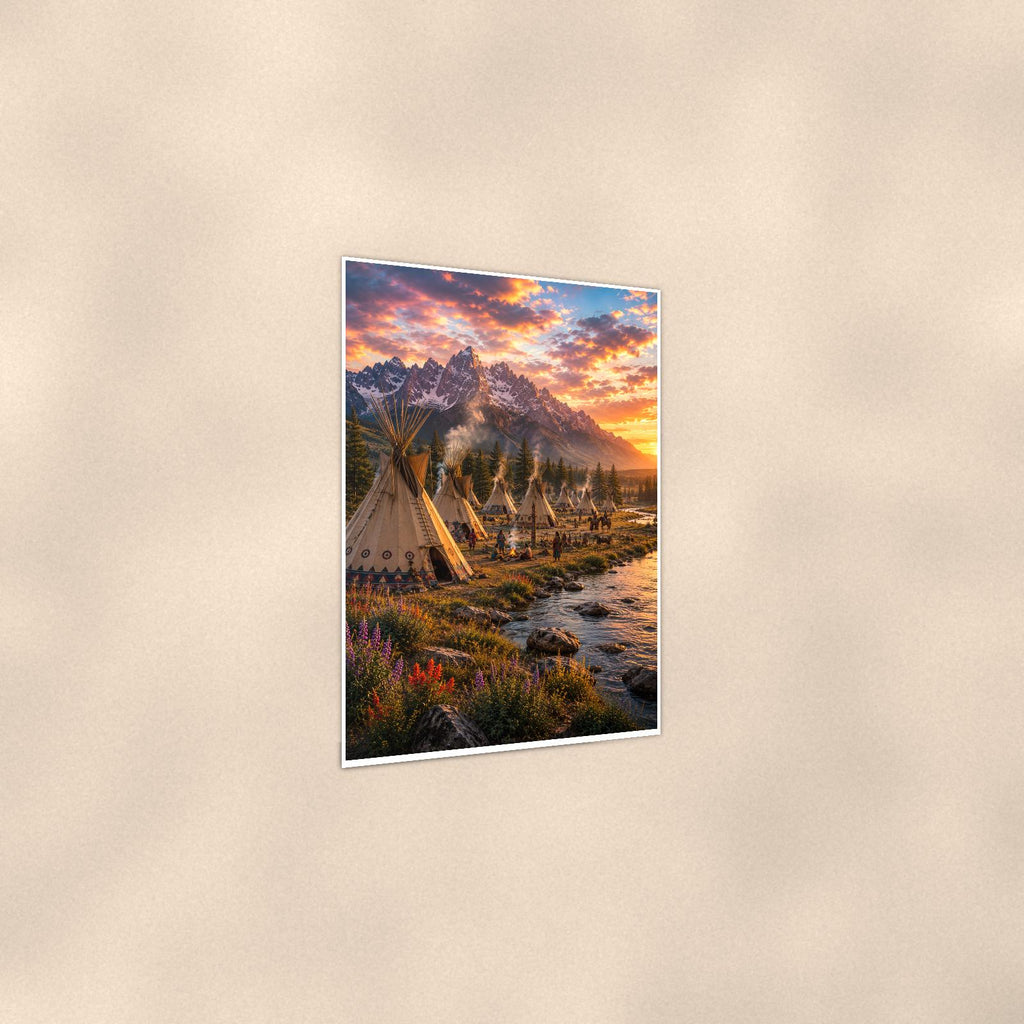 Mountain Teepee Village — 24x36 in art print poster, premium luster paper with a white border; gentle three-quarter angle on a warm wall, showing the flat paper edge.