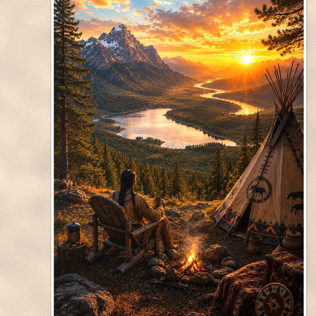Lakeside Teepee Camp — 24x36 in art print poster, premium luster paper with a white border; close-up framed on the main subject of the artwork, paper surface visible.