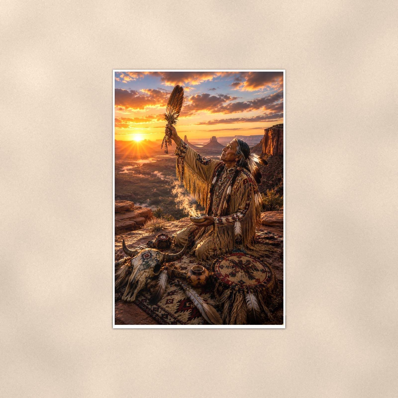 Native Sunset Ceremony — 24x36 in art print poster, premium luster paper with a white border; poster shown straight on against a warm wall.