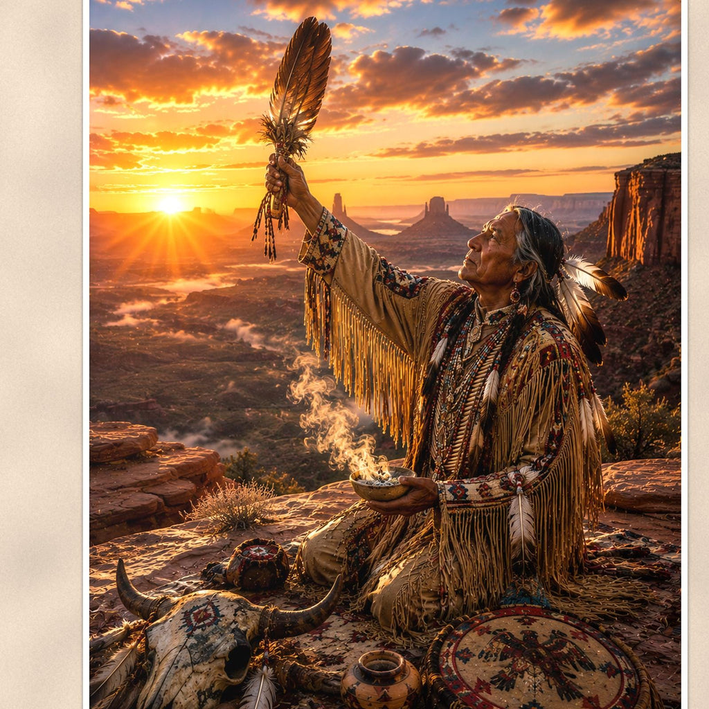 Native Sunset Ceremony — 24x36 in art print poster, premium luster paper with a white border; close-up framed on the main subject of the artwork, paper surface visible.