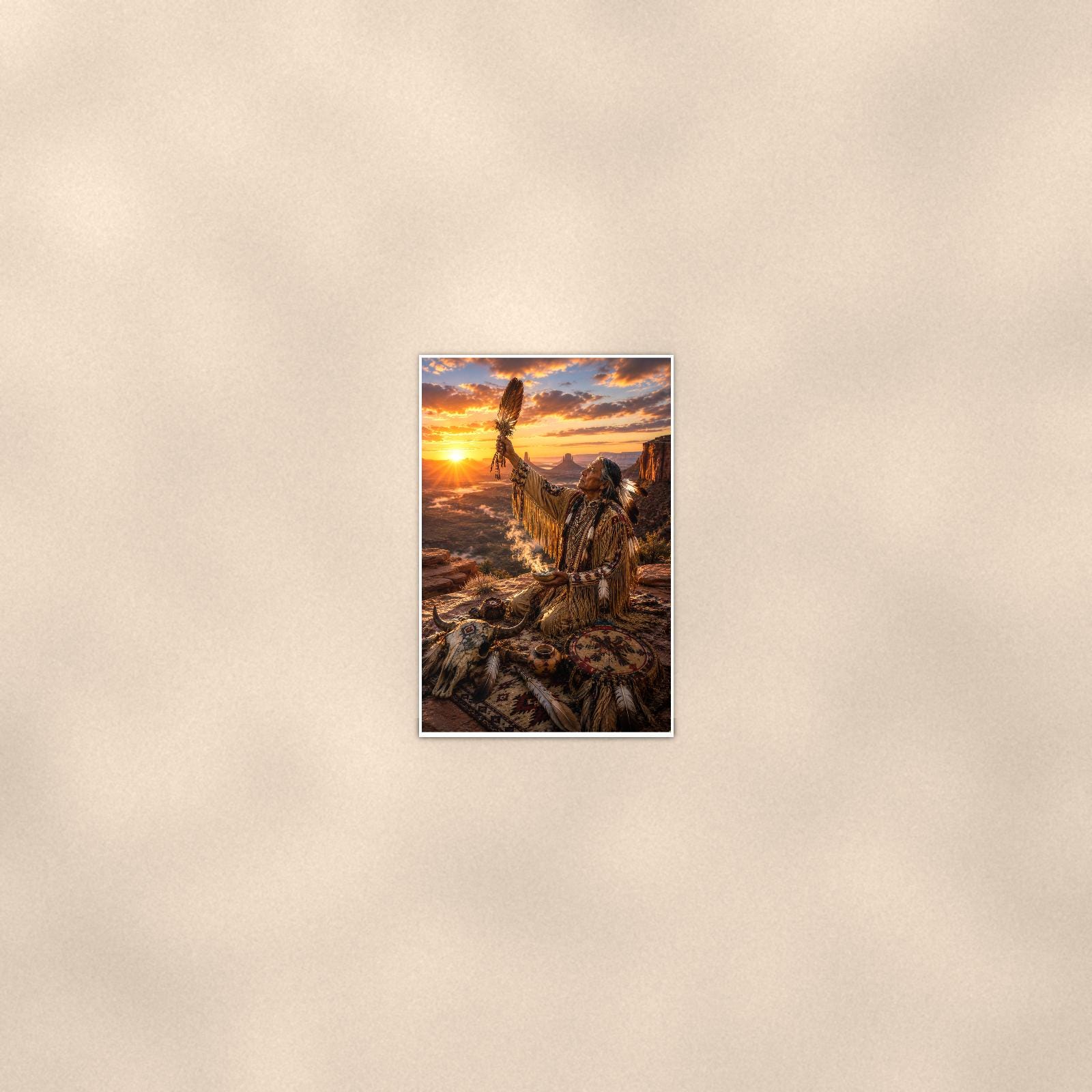 Native Sunset Ceremony — 24x36 in art print poster, premium luster paper with a white border; poster seen from further back, at true 24x36 in scale on a warm wall.
