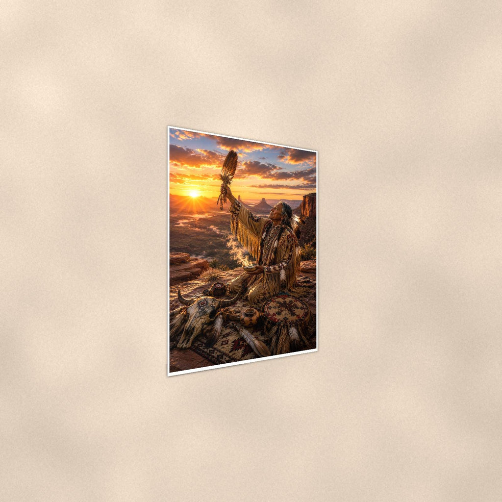Native Sunset Ceremony — 24x36 in art print poster, premium luster paper with a white border; steeper three-quarter angle on a warm wall, catching the luster sheen.