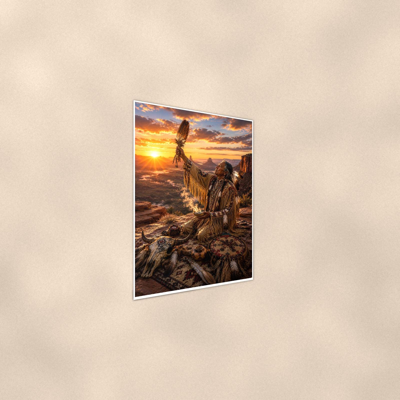 Native Sunset Ceremony — 24x36 in art print poster, premium luster paper with a white border; steeper three-quarter angle on a warm wall, catching the luster sheen.