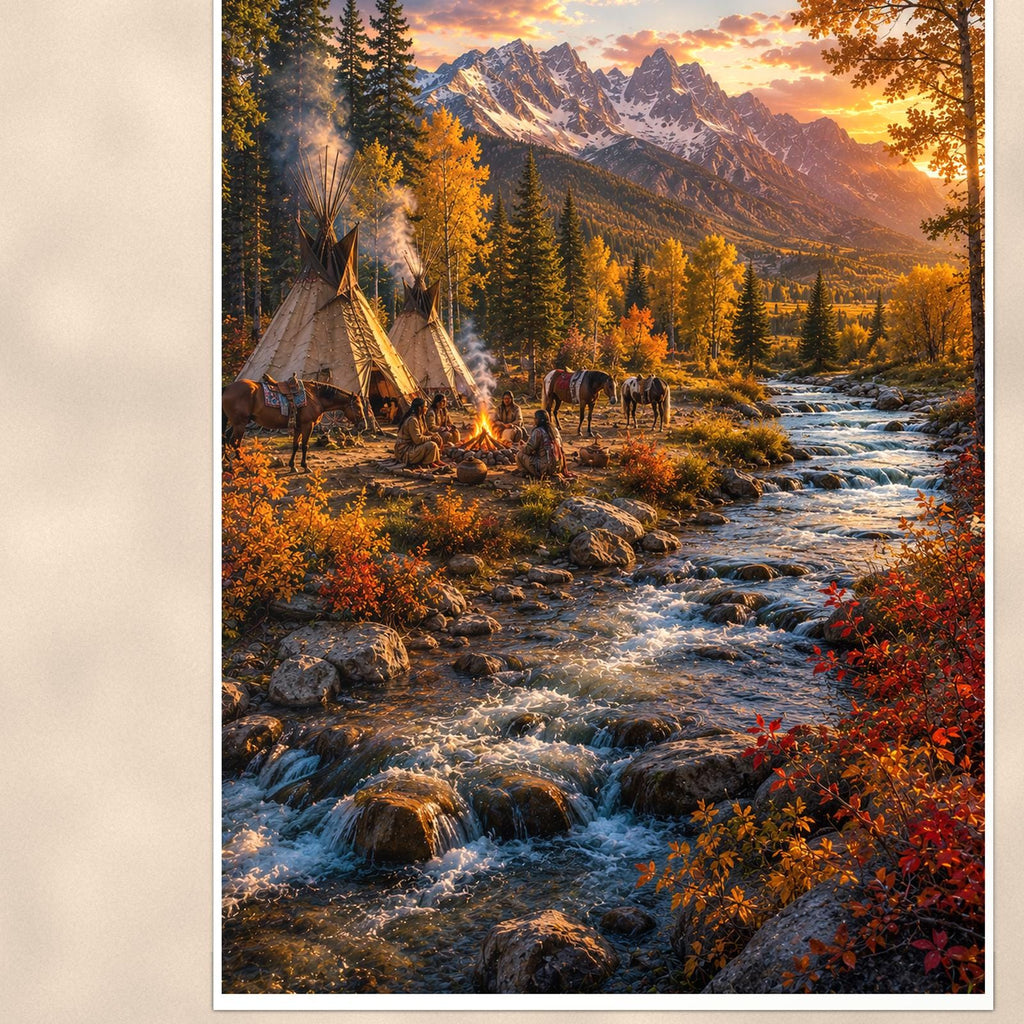 Autumn Teepee Creek — 24x36 in art print poster, premium luster paper with a white border; close-up framed on the main subject of the artwork, paper surface visible.