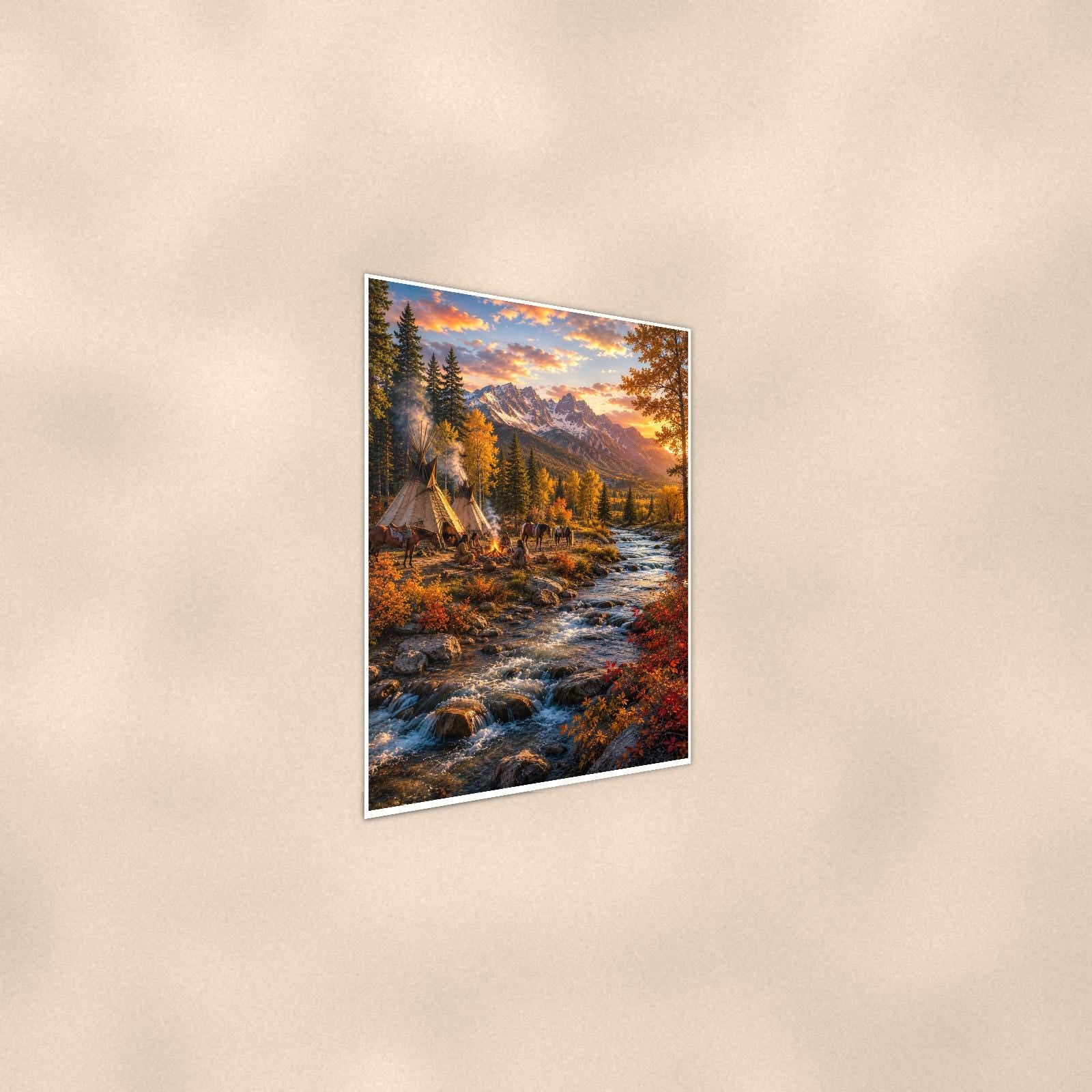 Autumn Teepee Creek — 24x36 in art print poster, premium luster paper with a white border; steeper three-quarter angle on a warm wall, catching the luster sheen.