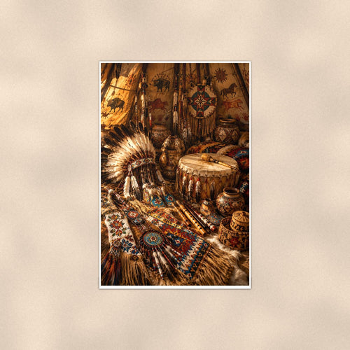 Native Artifact Lodge — 24x36 in art print poster, premium luster paper with a white border; poster shown straight on against a warm wall.