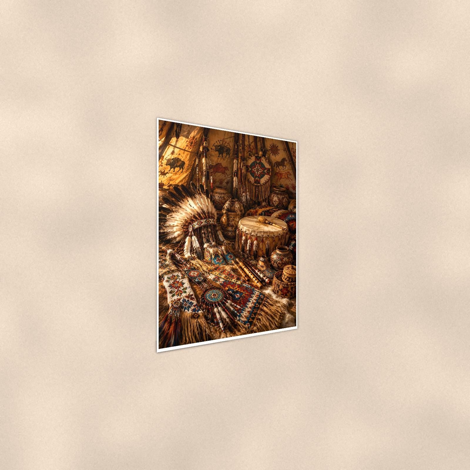Native Artifact Lodge — 24x36 in art print poster, premium luster paper with a white border; steeper three-quarter angle on a warm wall, catching the luster sheen.