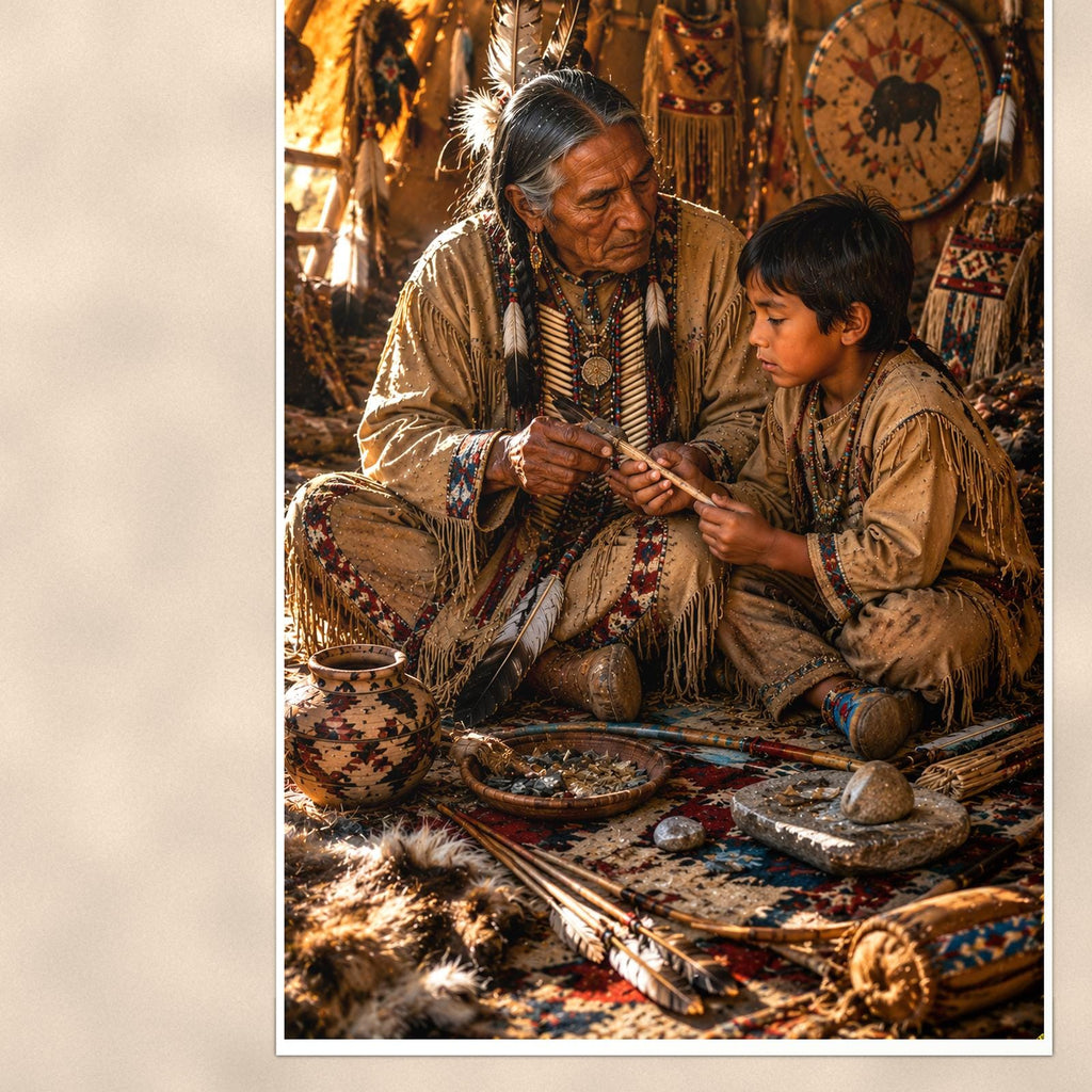 Native Teaching Scene — 24x36 in art print poster, premium luster paper with a white border; close-up framed on the main subject of the artwork, paper surface visible.