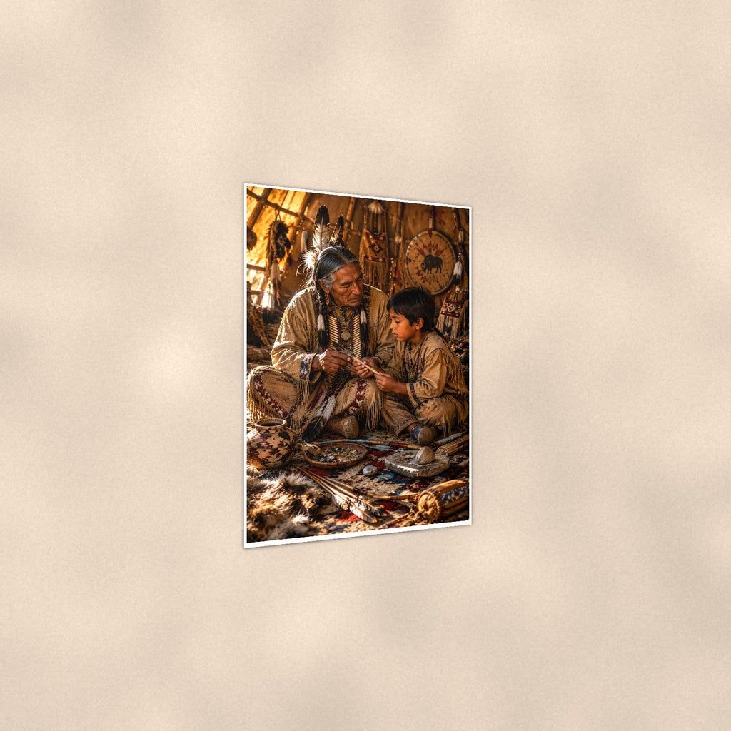 Native Teaching Scene — 24x36 in art print poster, premium luster paper with a white border; gentle three-quarter angle on a warm wall, showing the flat paper edge.