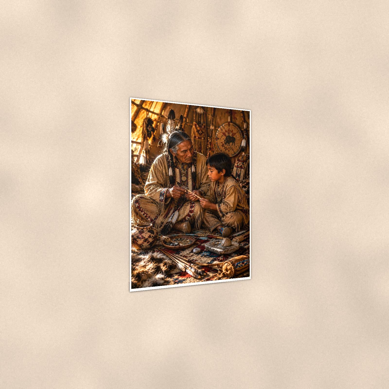 Native Teaching Scene — 24x36 in art print poster, premium luster paper with a white border; gentle three-quarter angle on a warm wall, showing the flat paper edge.
